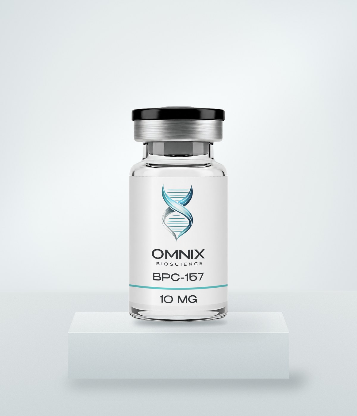 Omnix Bioscience BPC-157 10 mg vial on a stone plinth